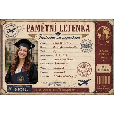 Bezvadary.cz | Originální dárek k promoci – pamětní letenka s vlastní fotografií - A5 (21x15cm) jízdenka 13