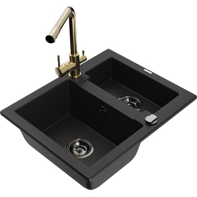 Mexen Carlos гранитна мивка 1, 5-камерна с кухненски смесител Duero, черен - 6518-77-671600-50-B (6518-77-671600-50-B)