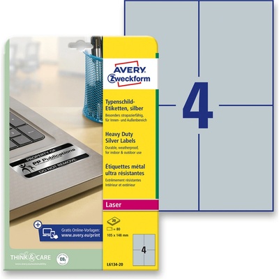 Avery Zweckform L6134-20 stříbrné PET etikety 105,0 x 148,0 mm 80 etiket