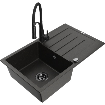 Mexen Bruno гранитна мивка с 1 корито с отцедник и кухня смесител Aster, черно/златен металик - 6513-75-73450-70-B (6513-75-73450-70-B)