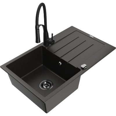 Mexen Bruno гранитна мивка с 1 корито с отцедник и кухня смесител Aster, черно/златен металик - 6513-75-73450-70-B (6513-75-73450-70-B)