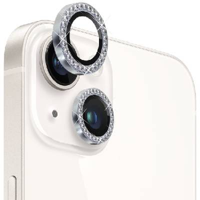 стъкло с кристали за защита на обектива на задната камера за iPhone 13 / 13 mini - сребристо (85551)