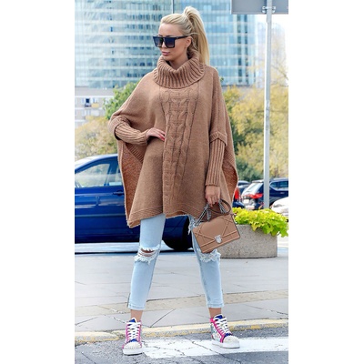 Fashionweek Pletené dámske pončo sveter s rolákom LUNA Camel