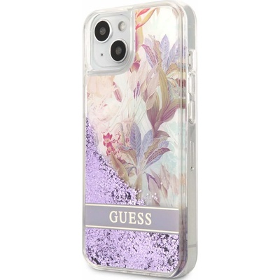 GUESS Liquid Glitter Flower Case - дизайнерски кейс с висока защита за iPhone 13 (лилав)
