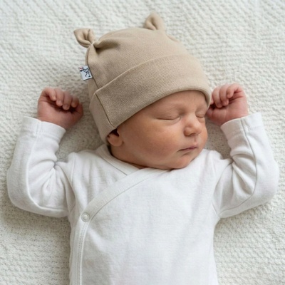 Baby Service Kojenecká nasazovací bavlněná čepice s oušky Béžová Babyservice