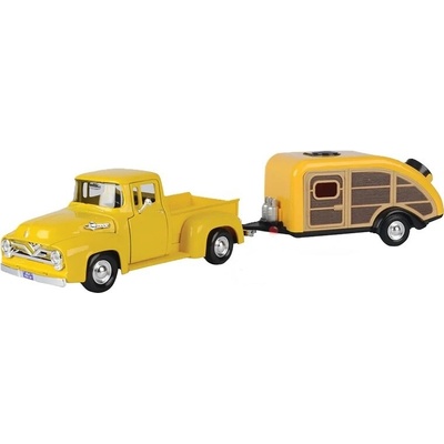 Ford F-100 Pick Up s přívěsem 1955 žlutá MOTORMAX 1:24