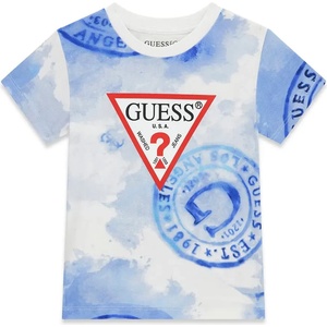 GUESS Синьо-бяла тениска за мини момче с червено лого Guess
