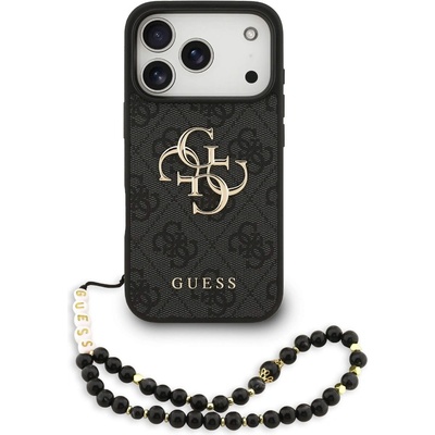 GUESS Дизайнерски кожен кейс с връзка за ръка за iPhone 17 Pro - Guess PU 4G Metal Logo Strap Case (черен) (GUHCP17LP4GMGSK)
