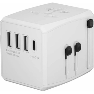 Techsuit Travel Adapter (HHT904) 30W - захранване с 1xUSB-C и 3xUSB-A изхода и преходници за цял свят в едно устройство за мобилни устройства (бял)