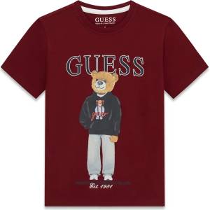 GUESS Тениска в цвят бордо за момче с цветно мече и тъмносин надпис Guess