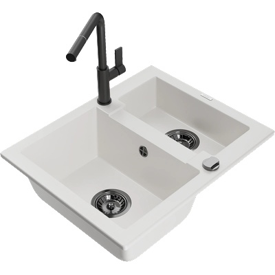 Mexen Carlos гранитна мивка 1, 5-коморна с кухненски смесител Flora, бяла - 6518-20-670401-70-B (6518-20-670401-70-B)