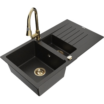 Mexen Matias гранитна мивка 1, 5-камерна с отцедник и кухненски смесител Elia, черен/златен металик - 6502-75-670101-50 (6502-75-670101-50)