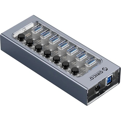 ORICO хъб USB3.0 HUB 7 port with Power Adapter, On/Off buttons, Aluminium - (AT2U3-7AB-EU-GY-BP)