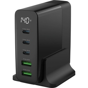 ANSMANN Настолно USB зарядно устройство, 140 W, с дисплей, 5 порта, 2x USB-A, 3x USB-C, черно (1001-0149)
