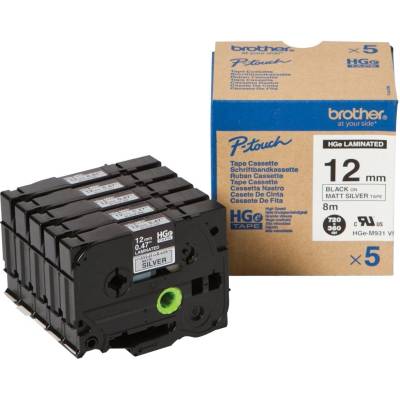 Brother HGE-M931V5, 12mm x 8m, черен печат / сребърен фон, оригинална лента, 5 бр (HGEM931V5)