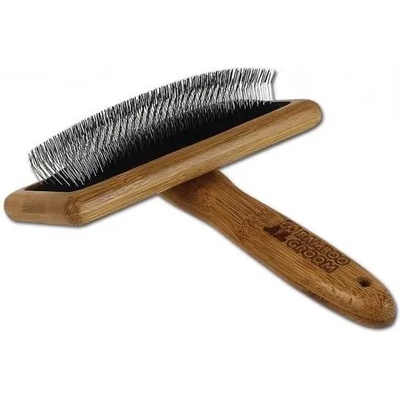 Bamboo Groom Soft Slicker Brush with Stainless Steel & Comfort Pins L - бамбукова четка с ъглови метални бодлички за всеки тип козина, за големи кучета, размер L: 12 см ширина х 6 см височина BGSLLG