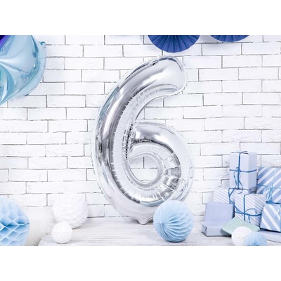 PartyDeco Fóliový balón číslo 6 strieborný 86 cm