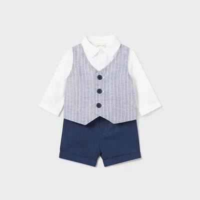 MAYORAL Комплект риза с елек и къс панталон в тъмно синьо за новородено момче Mayoral лен