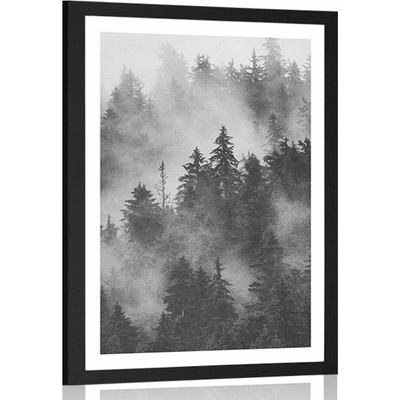 Plakát s paspartou hory v mlze v černobílém provedení - 40x60 white
