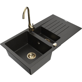 Mexen Matias гранитна мивка 1, 5-камерна с отцедник и кухненски смесител Telma, черно/златно - 6502-75-670200-50 (6502-75-670200-50)