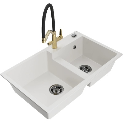 Mexen Tomas двоен гранитен кухненски мивка с кухненски смесител Duo, бял - 6516-20-671701-57-B (6516-20-671701-57-B)