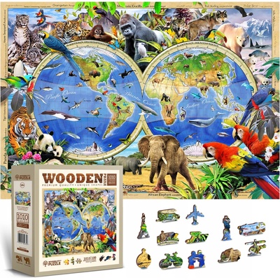 Wooden Dřevěné Zvířata světa Mapa 1000 dílků