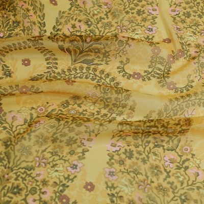 Hedvábný šifon žlutý, barevný vzor, š.135