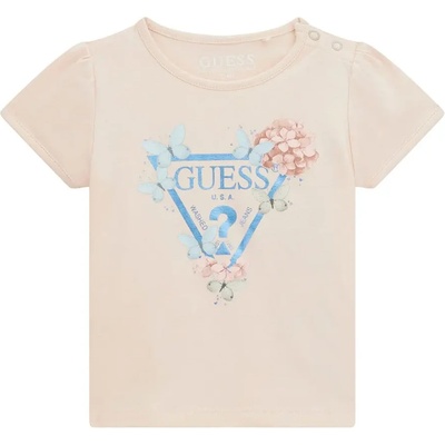 GUESS Тениска за бебе момиче в бледо розов цвят със синьо лого и нежни цветя Guess