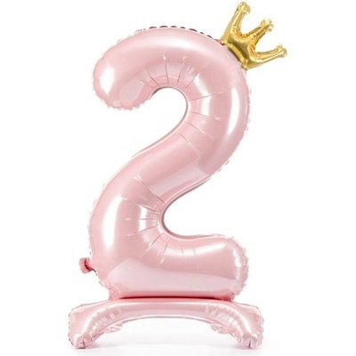 PartyDeco BALÓNEK fóliový Stojací číslo 2 s korunkou světle růžový 84 cm