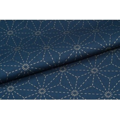 Sashiko látka metráž s předtištěným vzorem konopného listu, indigo modrá