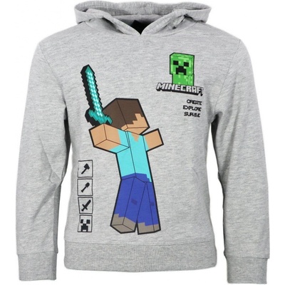 Minecraft mikina šedá s kapucí potisk Steve a Creeper