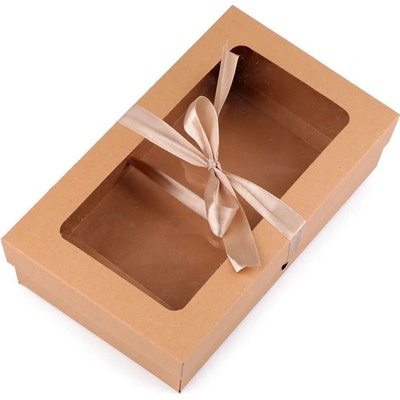 Papírová krabička s průhledem a stuhou hnědá přírodní 15,5 x 25,5 x 5 cm