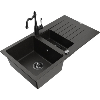 Mexen Matias гранитна мивка 1, 5-камерна с отцедник и кухненски смесител Carla черен/златен металик - 6502-75-670700-70-B (6502-75-670700-70-B)
