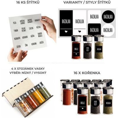 Orion Sada kořenek SPICEBLACK 100 ml + 4 ks organizér na kořenky VASKY + sada štítků 16 ks