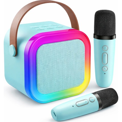 Karaoke reproduktor 2 mikrofony Bluetooth USB karta Modrý LED světla