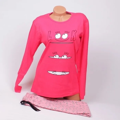 Памучна пижама в розов и цикламен цвят с картинка - очички