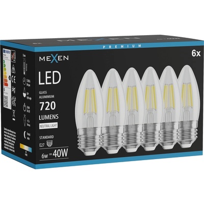Mexen Vintis 6x LED филаментна крушка E27, C35, 6W, Неутрална - 4000K, 720 lm, прозрачна (L154-E27-0640-00x06)