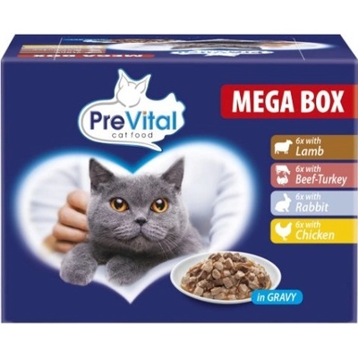 Prevital Cat Food s jehněčím, hovězím, králíkem a kuřetem v omáčce 24 x 100 g