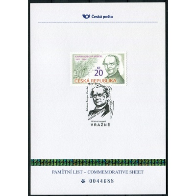 Česká pošta (2012) PLZ 20 - Pamětní list - Vražné: J. G. Mendel