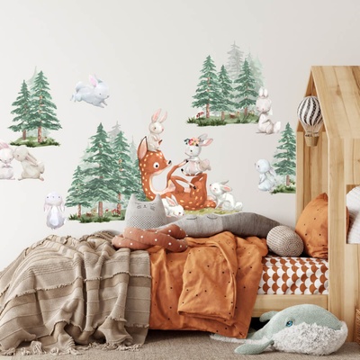 INSPIO Nálepka Samolepky na stenu - Zajkovia v lese do detskej izby zvieratá, za posteľ, akvarelové nálepky, forest - lesný svet zelená, krémová, plnofarebný motív rozmery 90x120