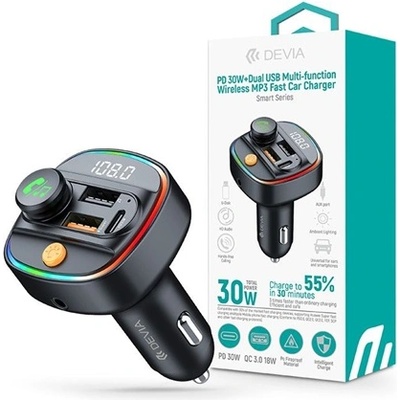 DEVIA ST112513 Smart Series автомобилно зарядно 30W PD+QC 2xUSB/AUX/MP3 черен Bluetooth FM предавател (ST112513)