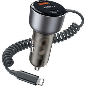 YESIDO Автомобилно зарядно - Yesido Y57 - Lightning пружинен кабел, Type-C/USB-A, 50W - Черно
