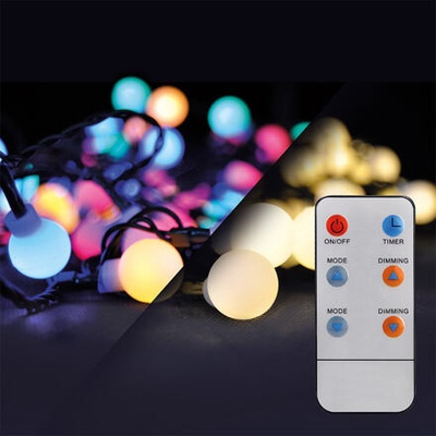 Venkovní vánoční řetěz LED 2v1 Solight 1V08-RGB, koule, dálkový ovladač, 100LED, RGB+bílá, 10m+5m,