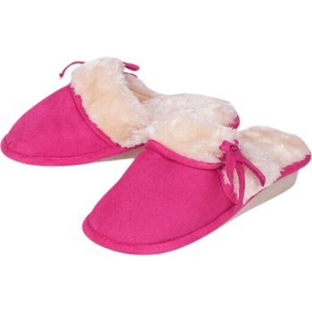 Цикламени пантофи с повдигната подметка и бежов пух