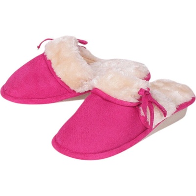 Цикламени пантофи с повдигната подметка и бежов пух