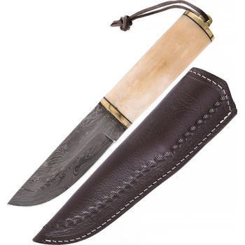 Outfit4Events Užitkový nůž z damaškové oceli s kostěnou rukojetí a pochvou