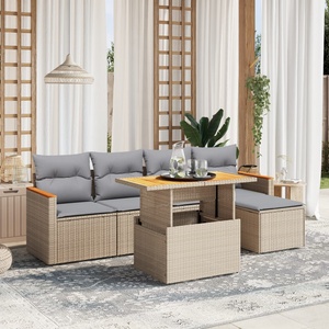 vidaXL Градински диван с възглавници, 6 части, бежов полиратан (3276034)