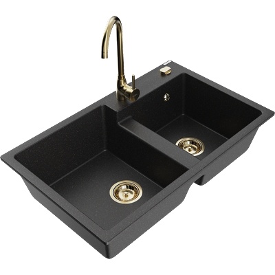 Mexen Tomas двоен гранитен мивка с кухненски батерия Telma, черен/сребърен металик - 6516-73-670200-50 (6516-73-670200-50)