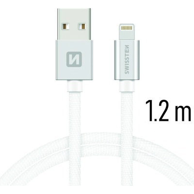 Nabíjací a synchronizačný kábel Swissten textile 0.2m / 1.2m / 2.0m strieborný Dĺžka: 1,2m