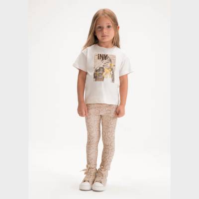 Mayoral Комплект клин принт Бежов и мръсно бяла тениска с щампа за мини момиче Mayoral